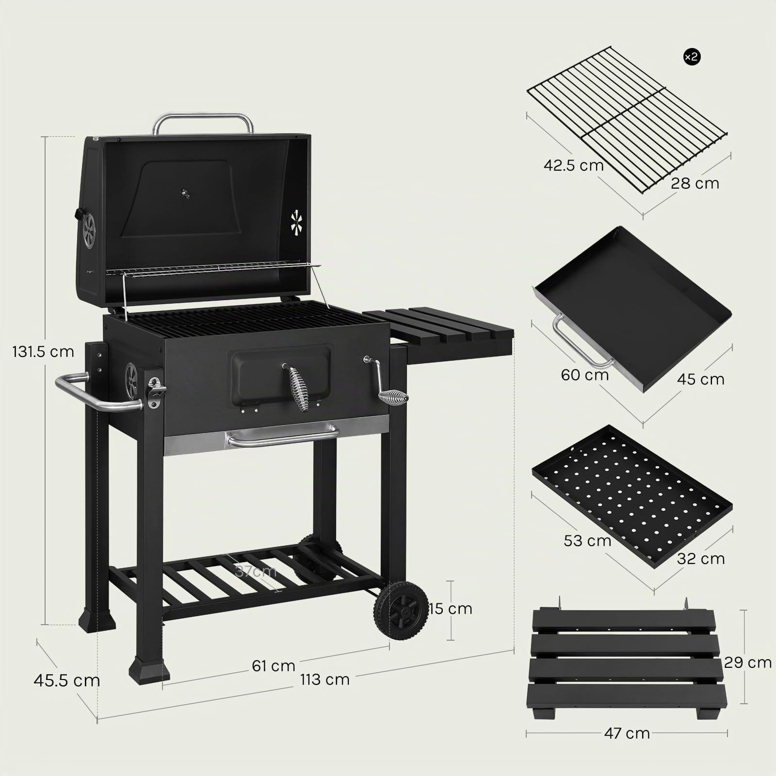 WOLTU Barbecue Portatile a Carbonella, Griglia a Carbone, Coperchio e Termometro, con Ruote e Ripiani, Carrello per Barbecue da Campeggio, Picnic e all'Aperto, 117x71x107cm, Nero