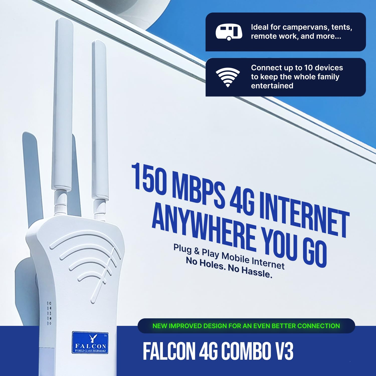 Falcon Mobile WiFi Router 4G Combo LTE Antenna con 150Mbps e pacchetto di accessori per Internet mobile in roulotte, camper, furgoni, auto, Internet Hotspot WiFi Router senza scheda SIM