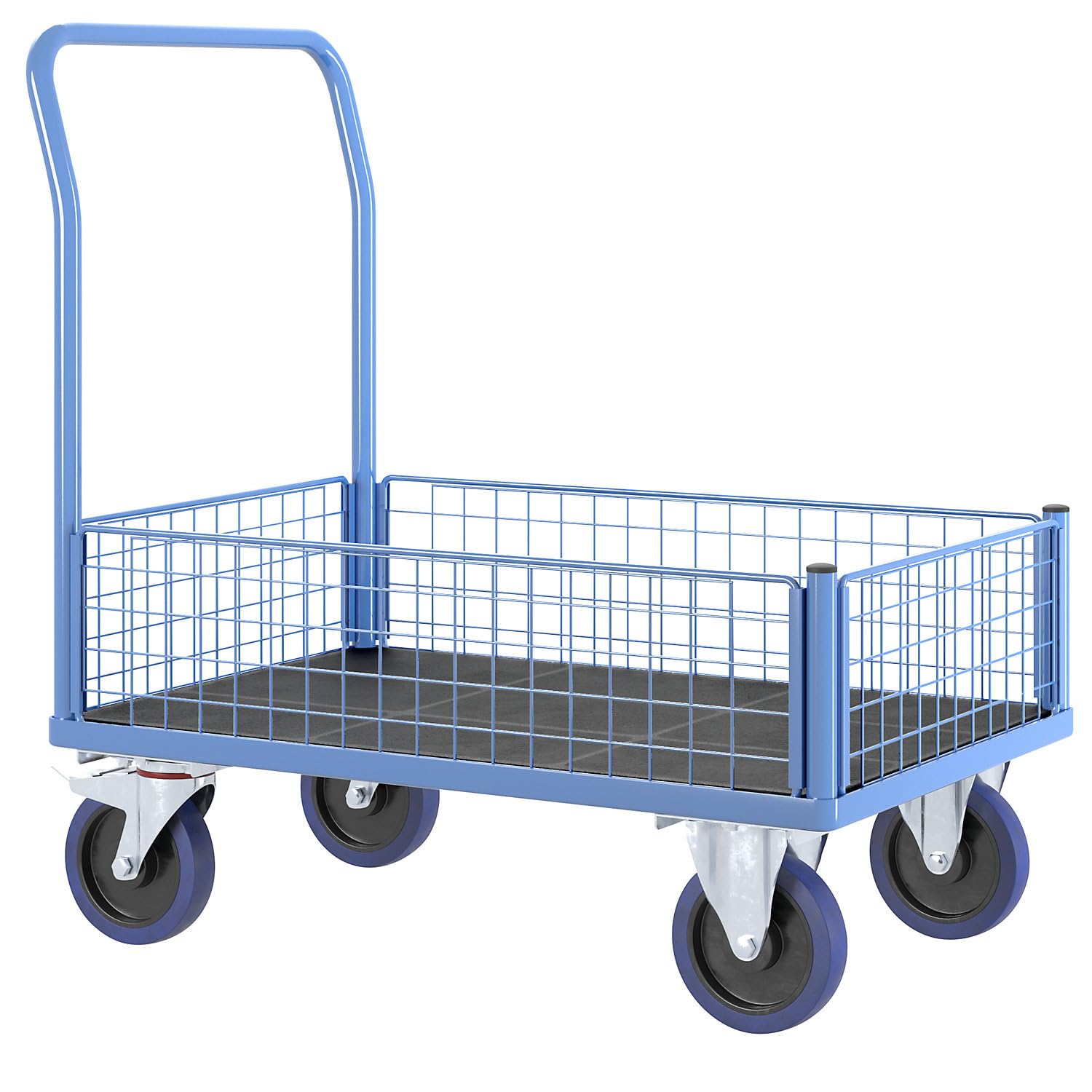 eurokraft pro | Plattformwagen mit Gitterwänden | Vollelastik-Rollen, 4 halbhohe Gitter, LxB 1000 x 650 mm