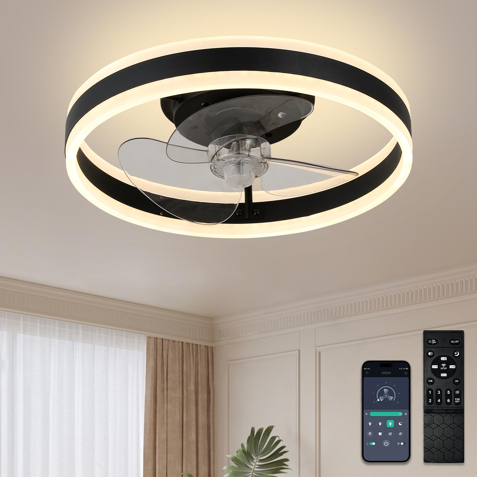 diisunbihuo 16" Acrylic Low Profile Ceiling Fans with Lights and Remote Control, Modern Dimmable LED Chandeliers with Lights with Memory&Timming Function for Bedroom Living Room (Black)