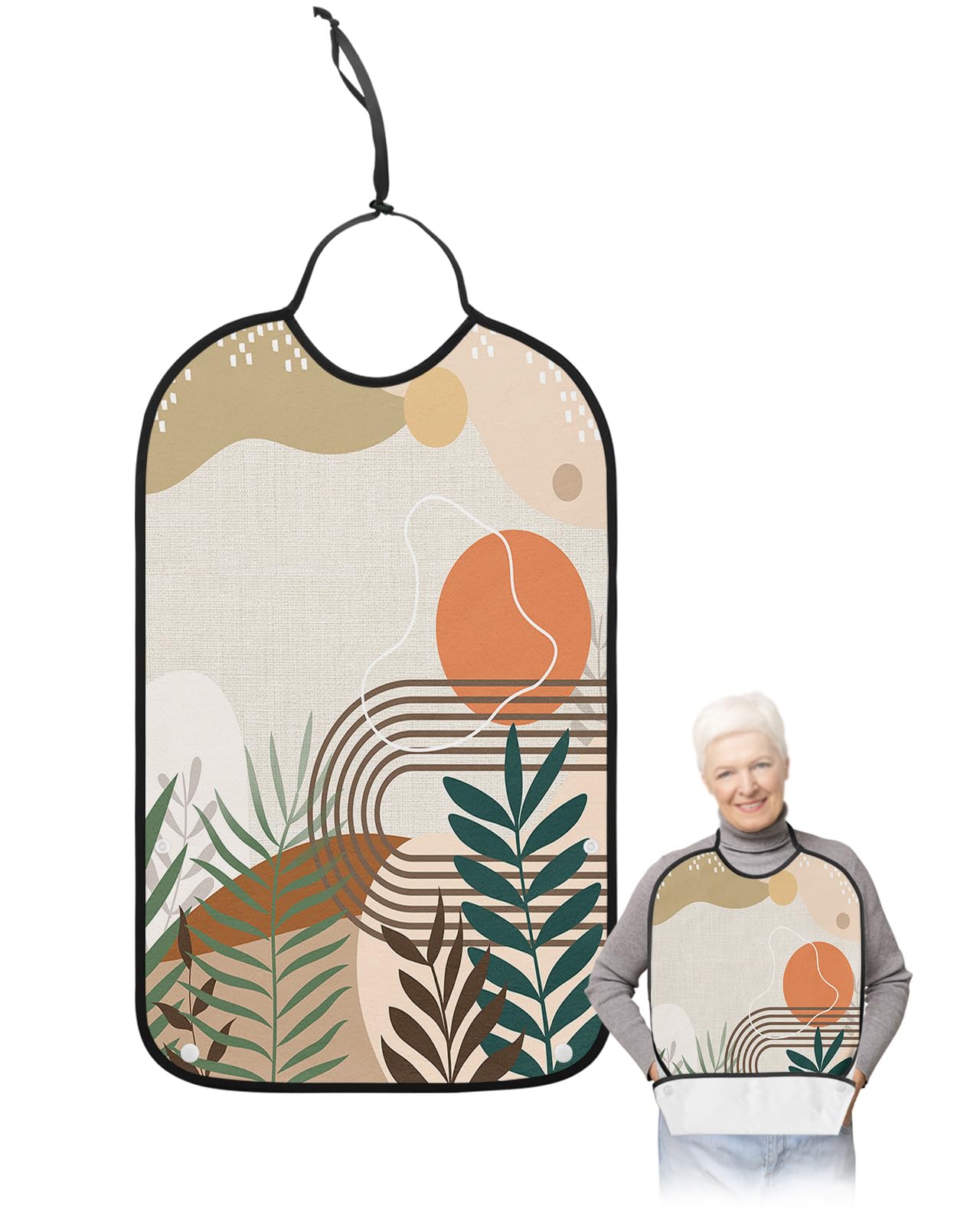 LEOKOTI Boho Botanical Adult Bibs for Eating, Waterproof Bibs with Food Catcher & Snap Closure, Middle Century Geometric Abstract Art Rustic Washable Clothing Protectors Adult Bibs for Elderly