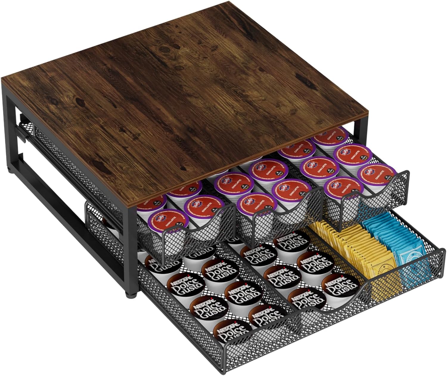 Coffee Pod Holder For Counter, 3 Pull-Out 72 K-Cup Holder Drawer, Wooden Cafe Pods Storage Organizer with Sliding Drawers for Coffee Station, Home, Kitchen, Office, Dorm (Black)