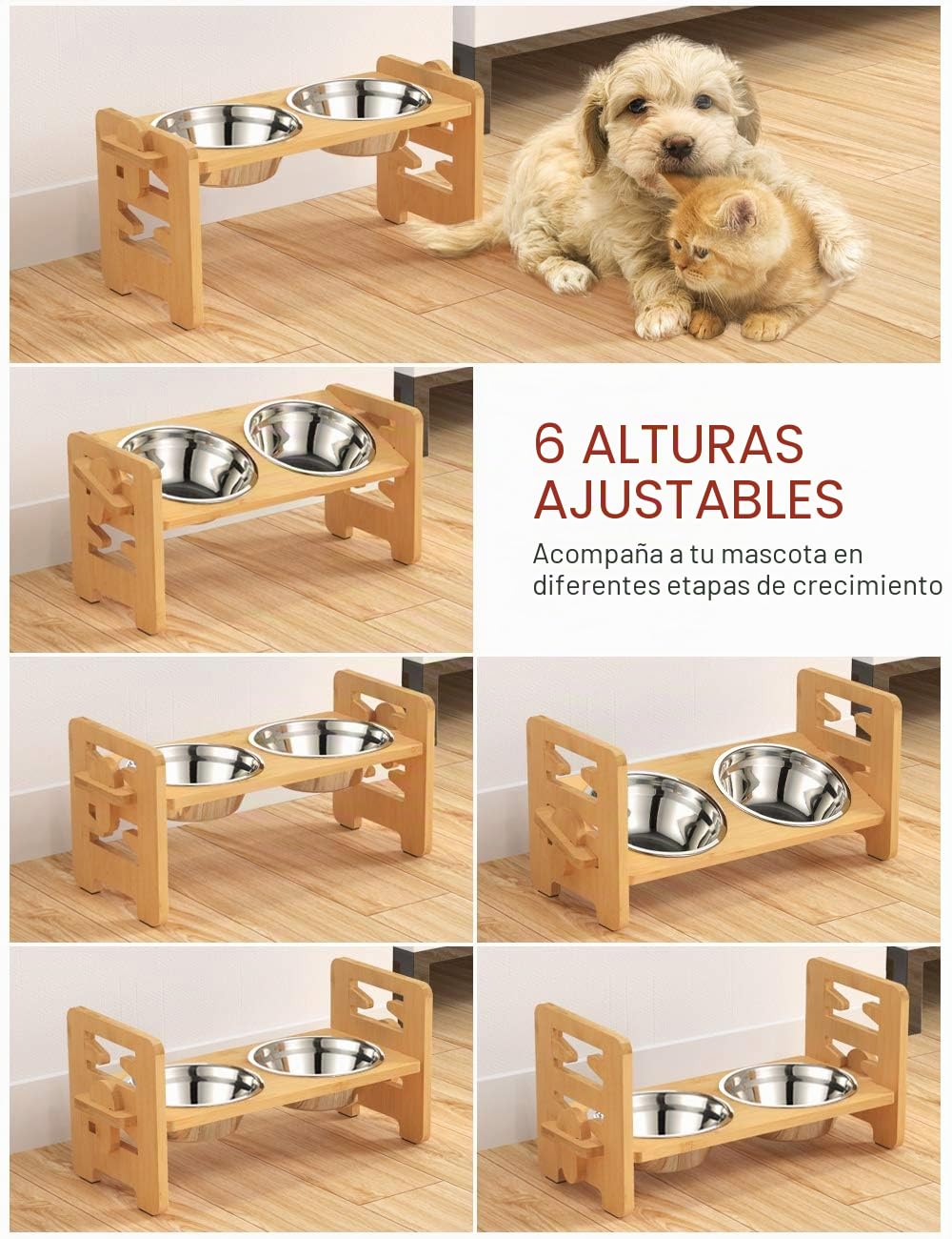 Vantic Comedero Perro Elevado de 6 Alturas Ajustables, Comedero Elevado Perro con 2 Cuencos de Acero y 4 Pies Antideslizantes Incluidos