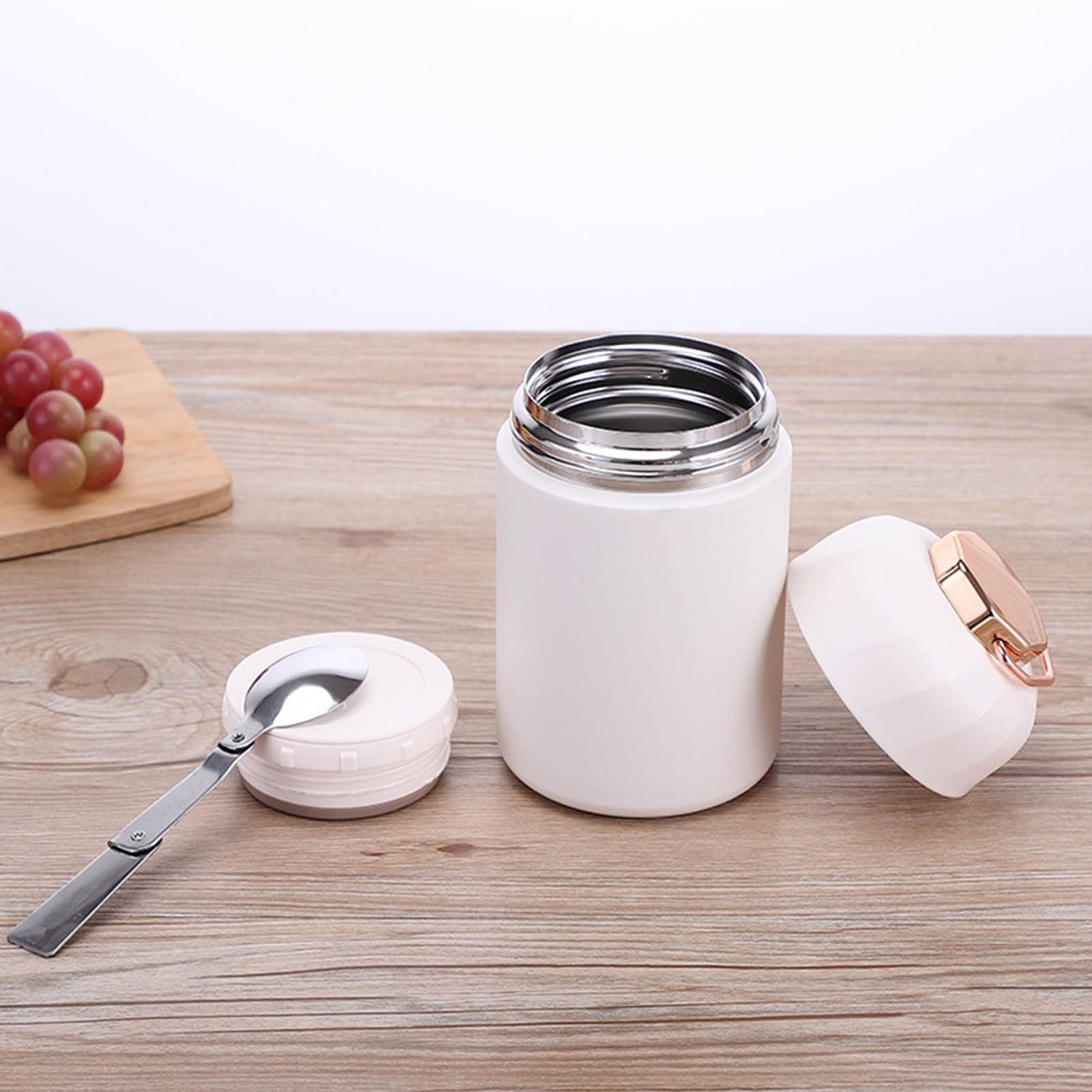 Ejoyous Barattolo per Alimenti Portatile Isolato Scatola per il Pranzo con Isolamento Termico in Acciaio Inossidabile 304 Contenitore per Alimenti Sottovuoto da 600 Ml con Manico Sul Coperchio (WHITE)