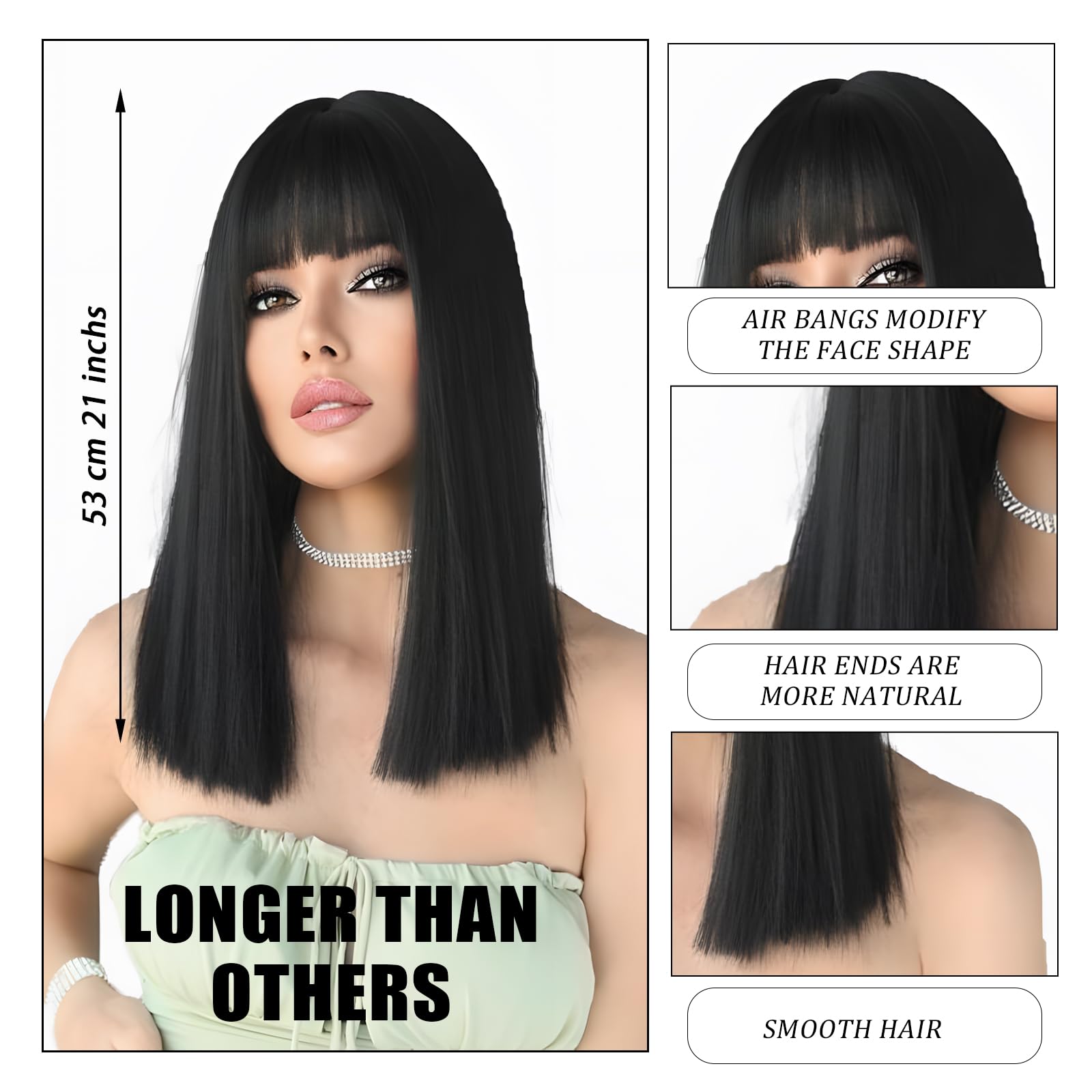 Black Bob Wig with Fringe,21 Inch Long Black Straight Bob Flat Bangs Wigs for Women,Heat Resistant Synthetic Hair Wigs Hairpieces for Ladies Cosplay Party Fancy Dress Daily Use - Image 2