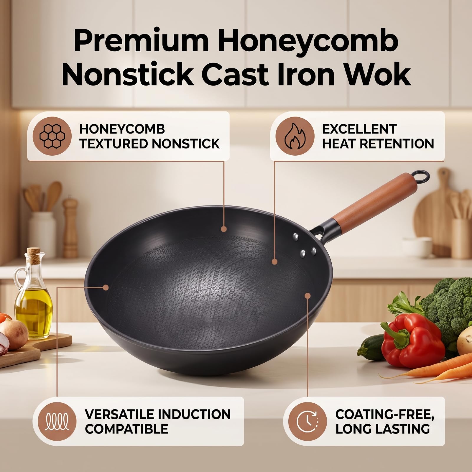 Luocute Wok in Ghisa con Superficie Strutturata a Nido D'ape, 32 Cm