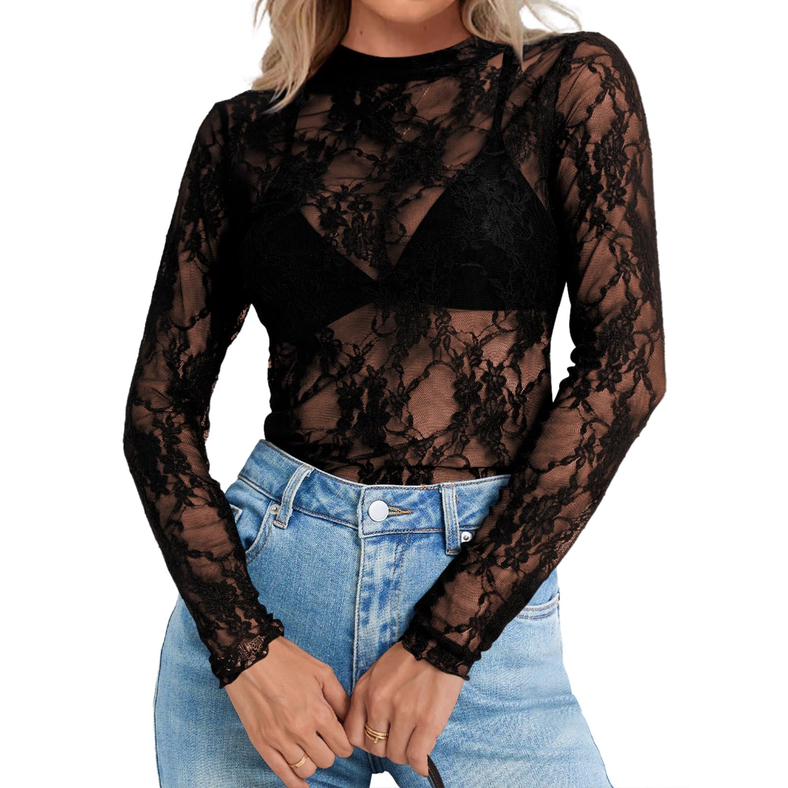 Elesomo Damen Mesh Langarmshirt Rollkragen Durchsichtiges Netzoberteil Party Club Casual Tops
