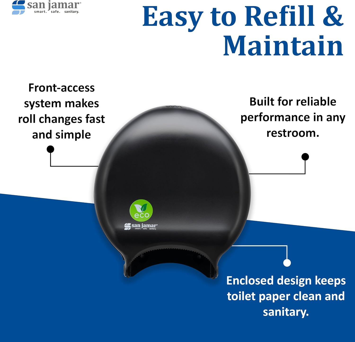 San Jamar Ecologic Recycled Plastic Wall Mounted Jumbo Roll Tissue Dispenser with Zero Waste for Home and Business, 9 Inch Rolls, Black