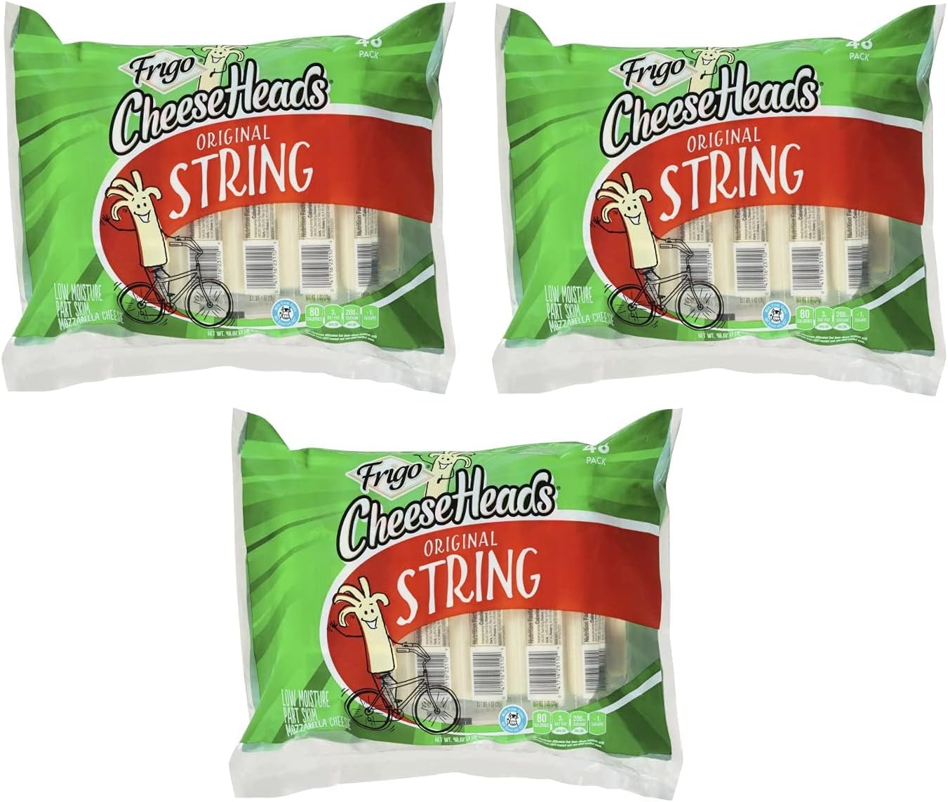Cheese Heads String Cheese, Low-moisture part-skim mozzarella cheese Sticks 3 Pack (1 oz, 48 ct each, 144 Total)
