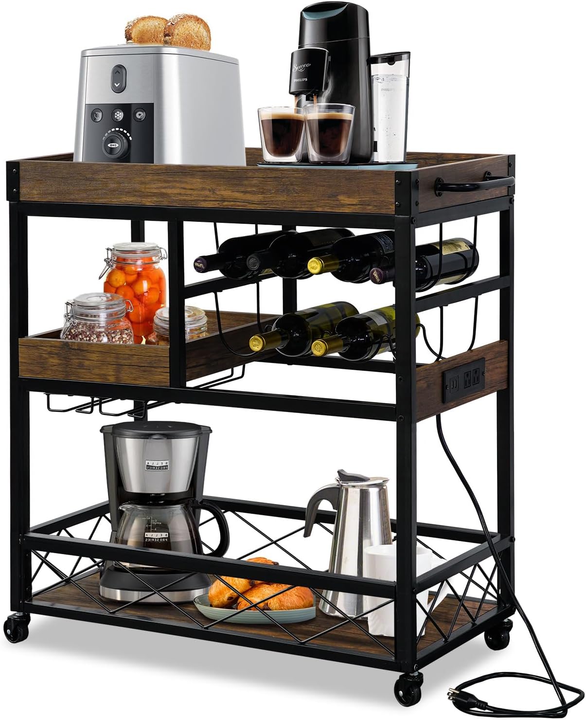 Bar trolley with socket, industrial kitchen trolley with wine rack and glass holder, coffee bar table station with storage, trolley with 59 inch cable, coffee