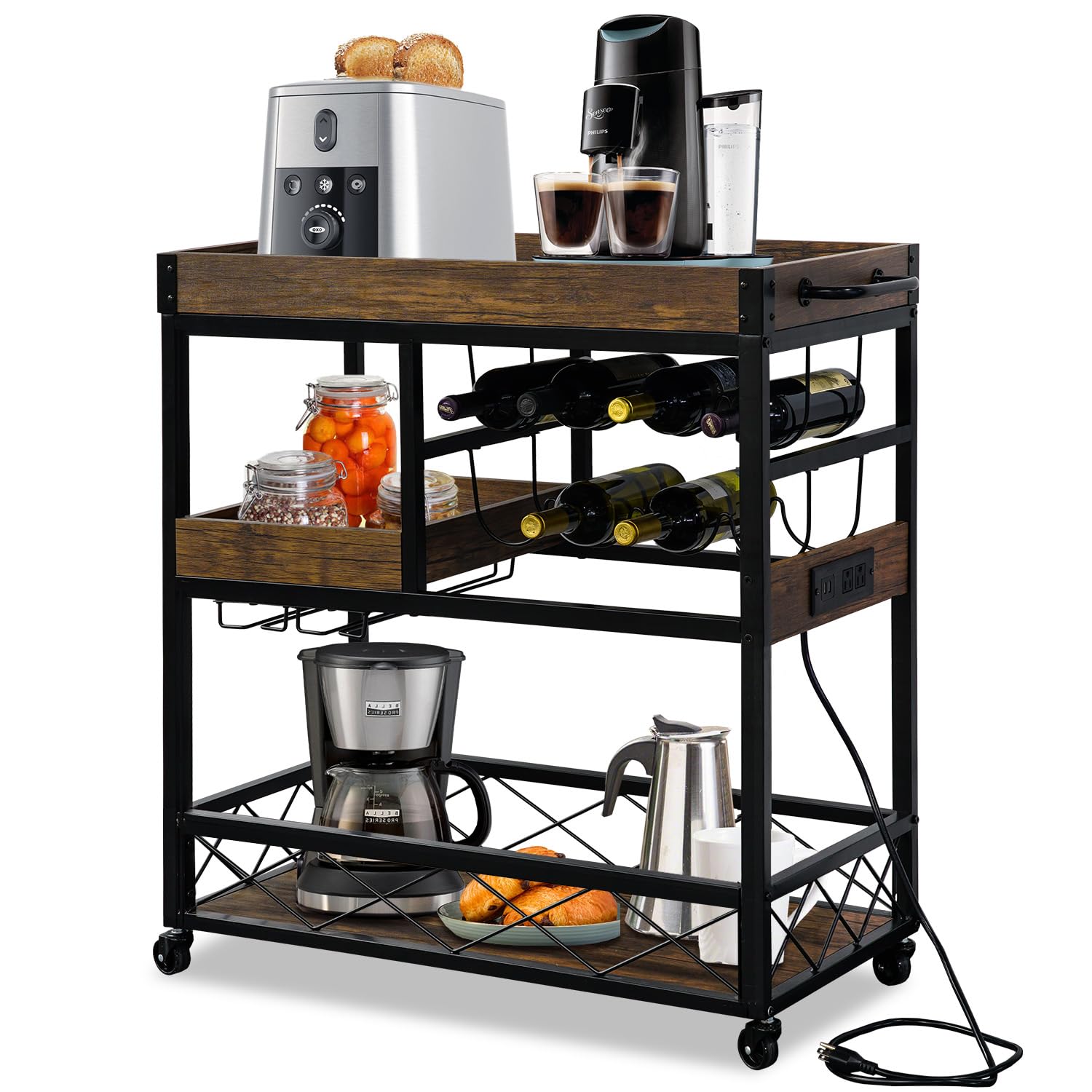 Bar trolley with socket, industrial kitchen trolley with wine rack and glass holder, coffee bar table station with storage, trolley with 59 inch cable, coffee