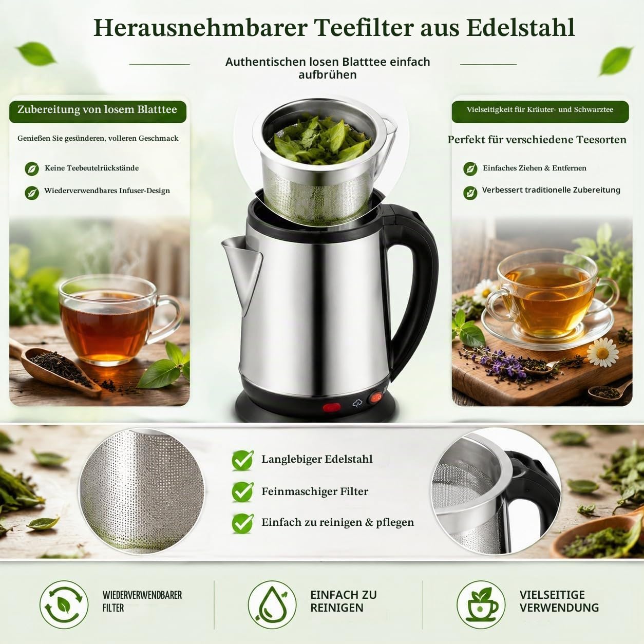 Türkischer Teekocher Elektrisch Edelstahl, Caydanlik 1L + 2L Teekanne, Wasserkocher mit Teekanne für Türkischen Tee Kräutertee und Samowar