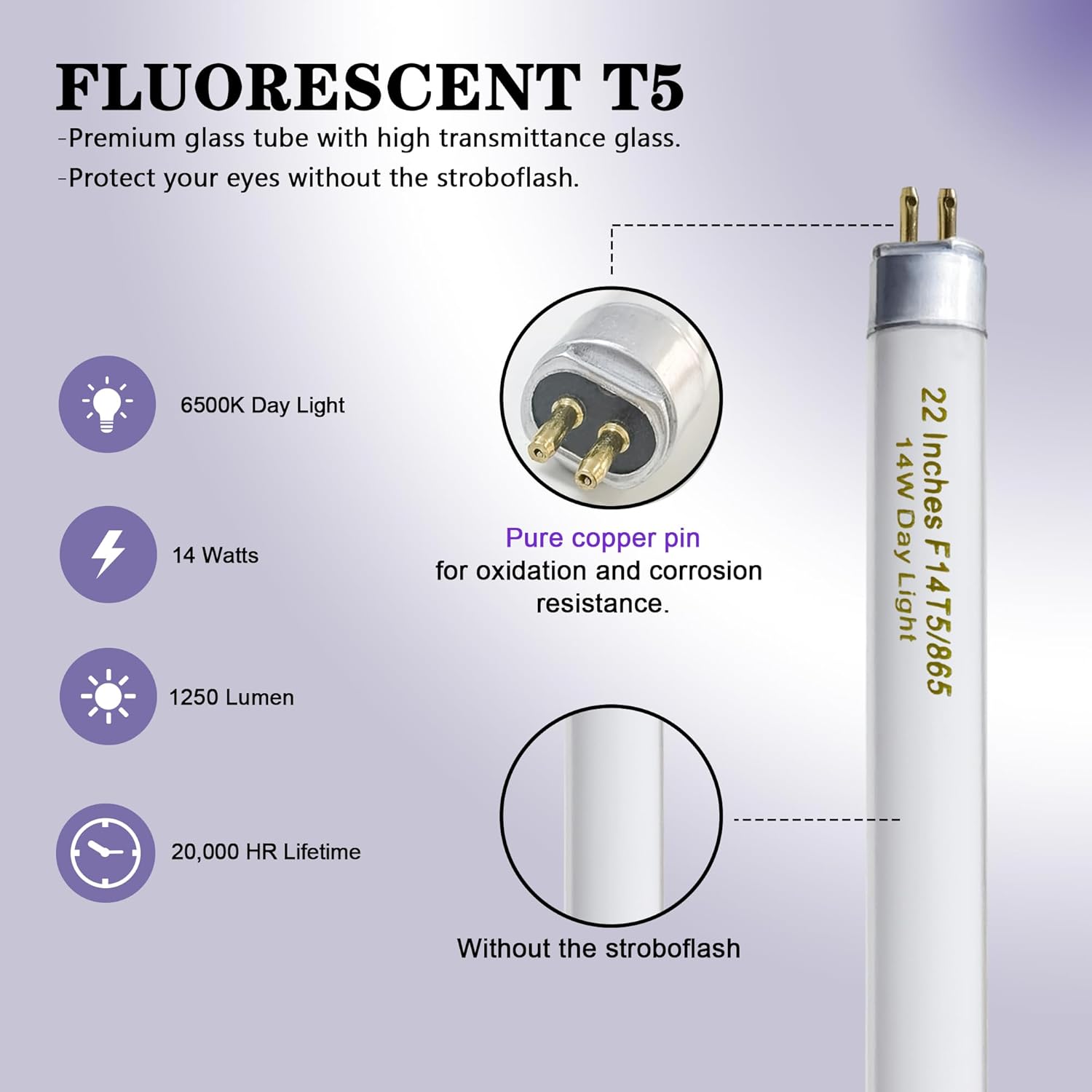 amgolibi T5 14W 6500K Fluorescent Tube, 22 Inches F14T5/865 Straight Fluorescent Bulb, F14T5/DL Fluorescent Lamp for Counter and Cabinet Fixture, Cool White 1350 Lumen G5 Cap