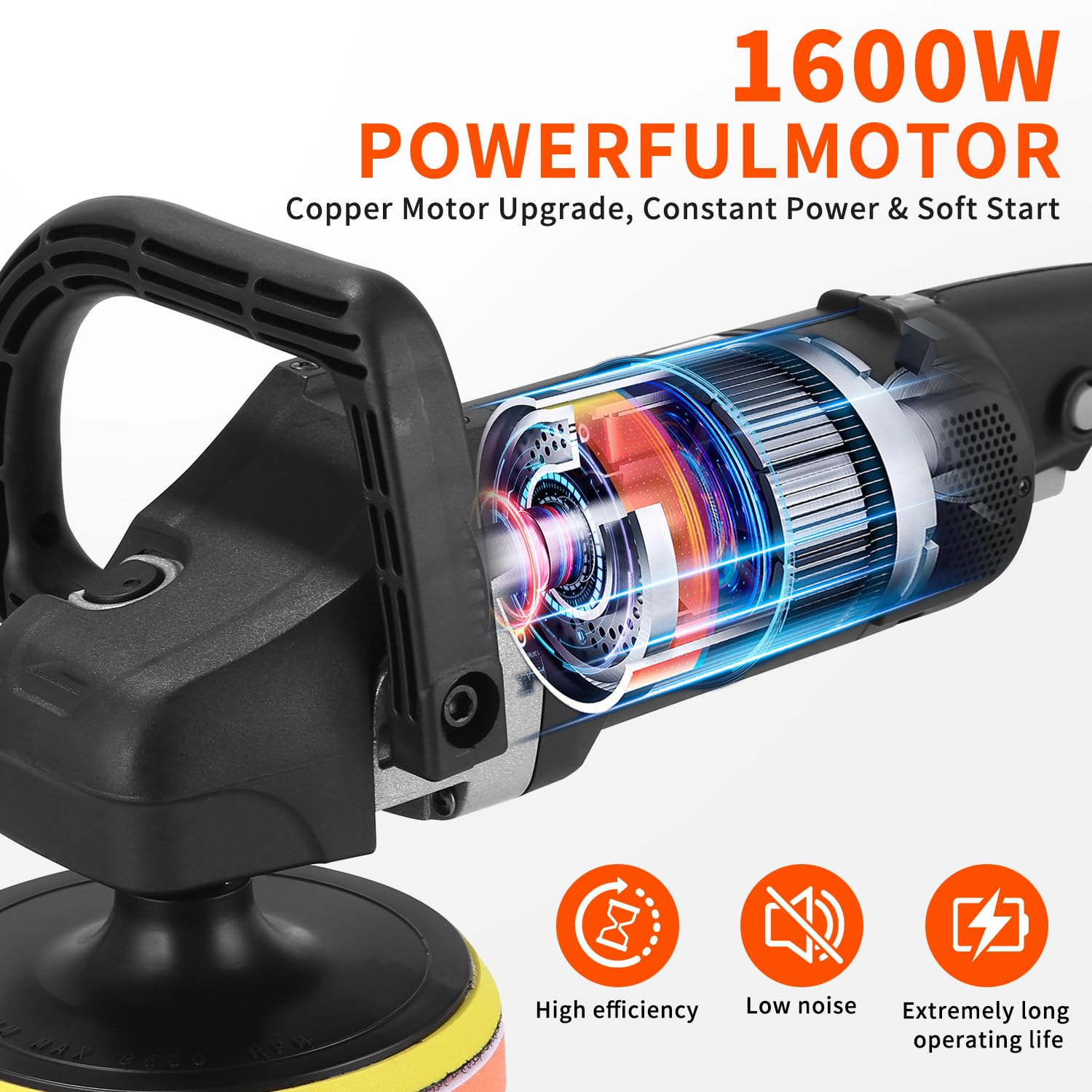 Pulidora profesional de 1600 W, 8 velocidades variables, juego de 24 unidades con plato de pulido de 180 mm, mango D extraíble y mango lateral, para encerar y pulir coches