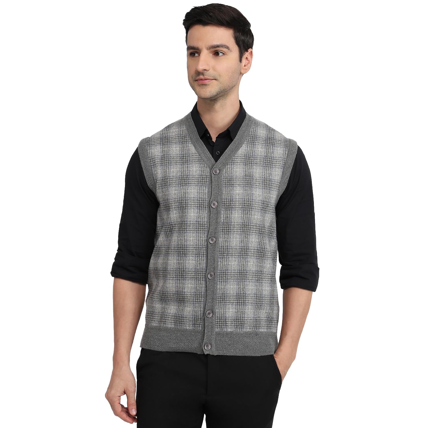 Men Regular Fit Checks Pattern Acrylic Merino Wool Blend Sleeveless V Neck Casual Sweater Grey-image-48