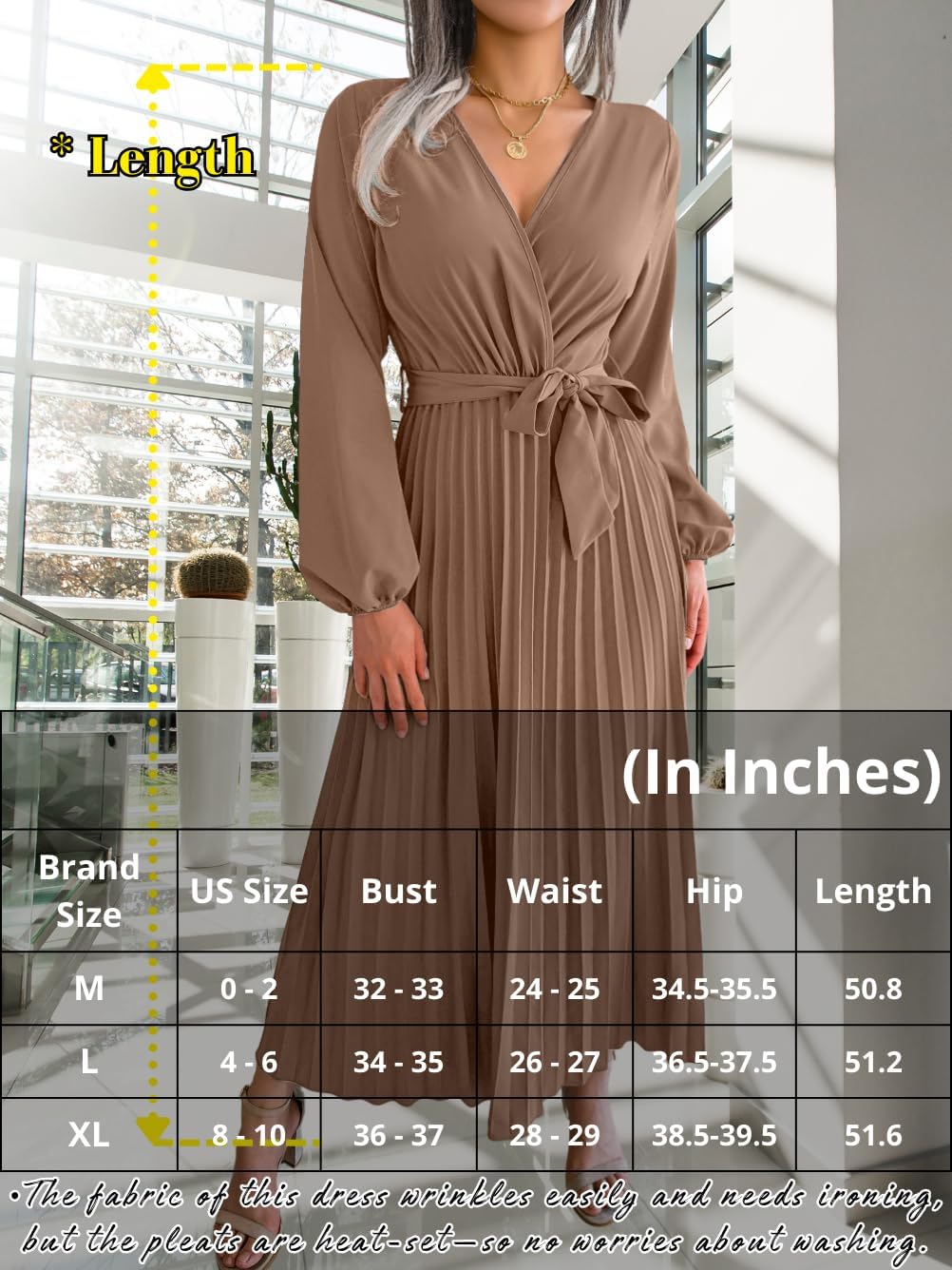 Women's Pleated Maxi Wrap Dress, Modest V-Neck Puff Sleeve Flowy Dresses for Business Casual Church Vacation - Image 6