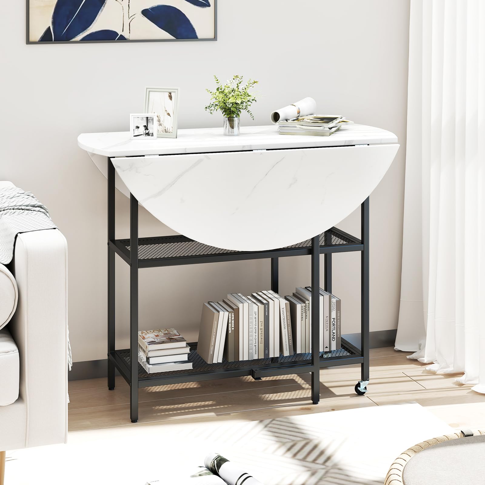 COSTWAY Table Pliante Cuisine Ronde, Table a Manger Extensible sur roulettes pour 2-4 Personnes, 2 Etagères, 2 Rallonges Rabattables, Gain de Place, pour Petite Espace, 42-100 x 100 x 80 cm (Blanc)