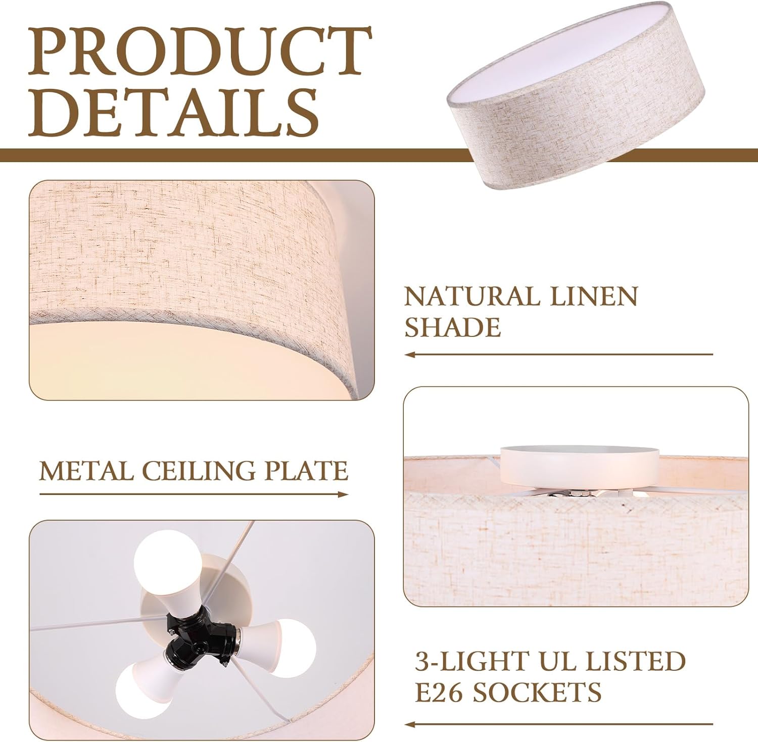 18-inch recessed Ceiling Light Fixture with Linen Shade, Modern Drum-Style Ceiling Light, UL-Certified, Suitable for Living Rooms, bedrooms, Kitchens, entryways, and Rustic Decor