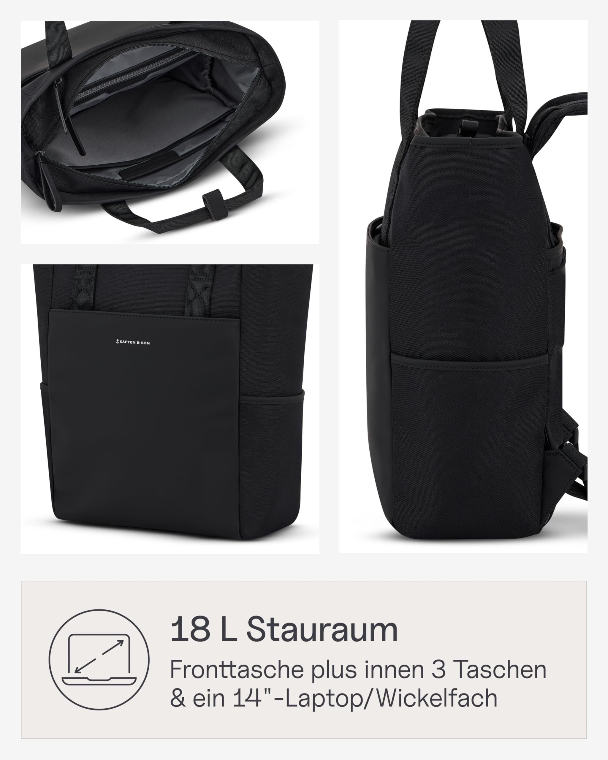 Kapten & Son Rucksack Lindby All Black 18 L | 2in1 Tasche & Rucksack | inkl. Kofferbefestigung, Laptopfach, Flaschenhalterung | Shopper Damen