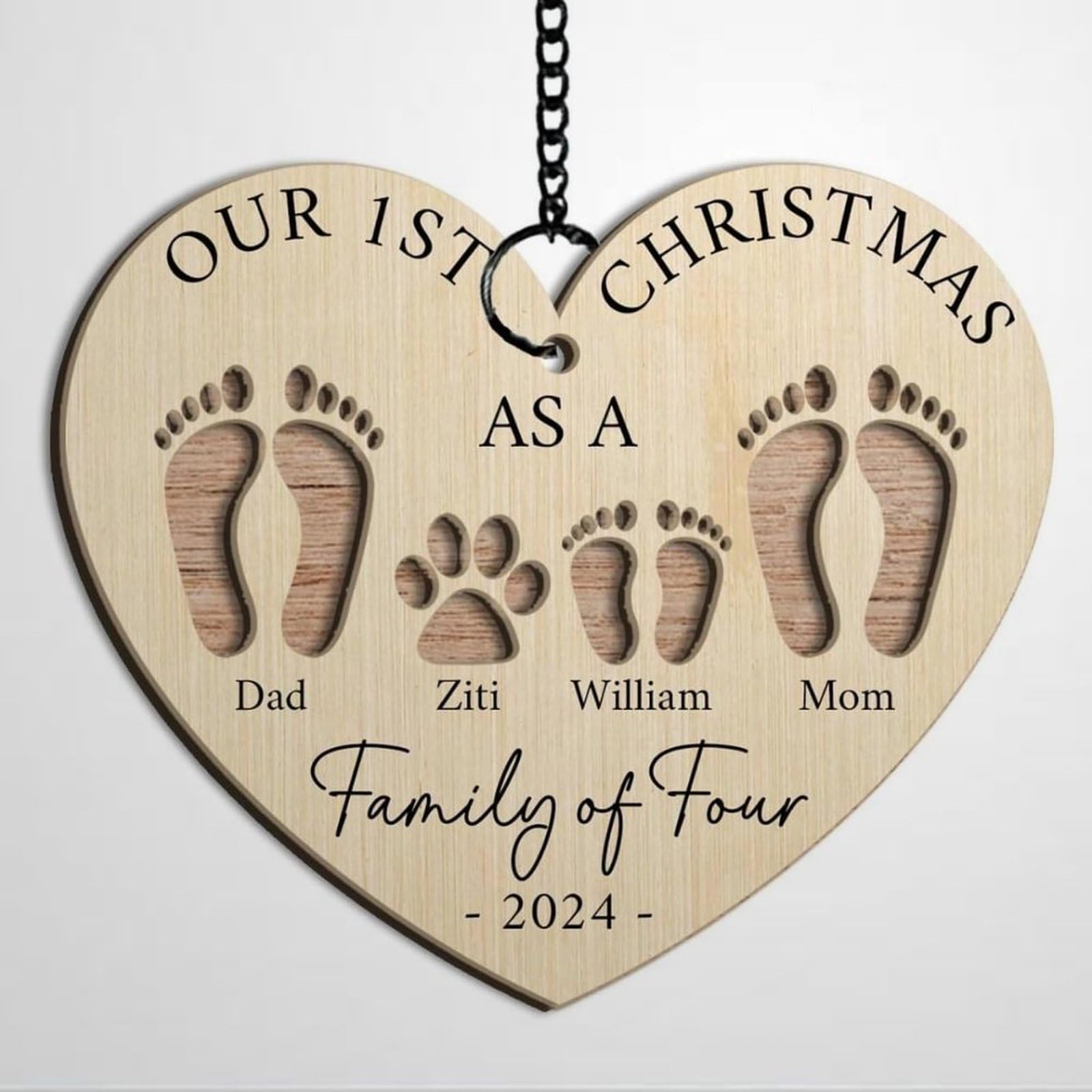 Luckluccy Style Personalized First Christmas As A Family Of Four Footprints,Personalized Baby's First Christmas Ornament,New Baby Gift,Pregnancy Announcement Wooden Ornament