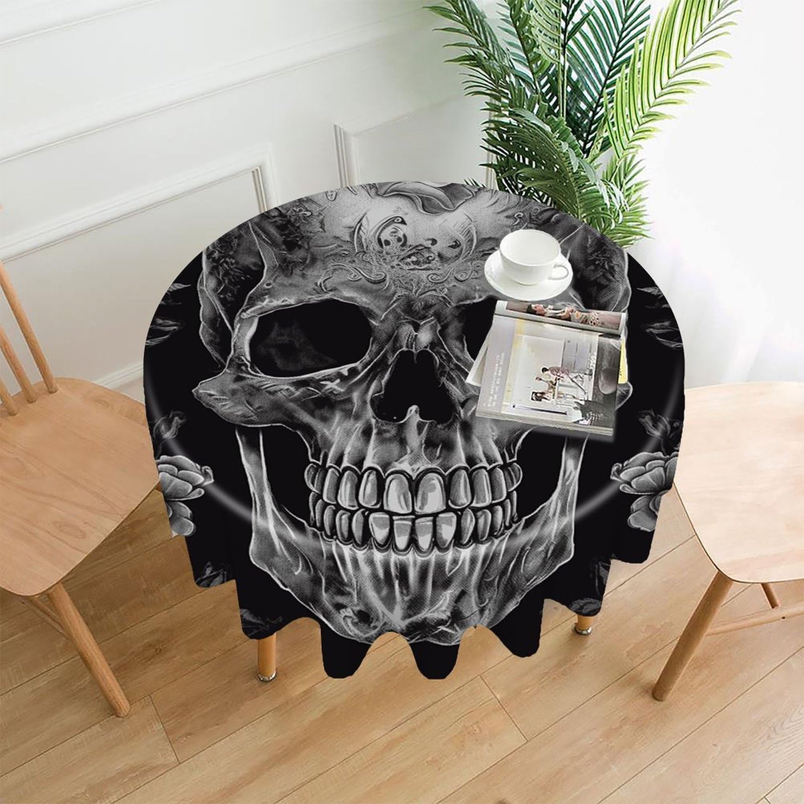 FekiLoot Skull Skeleton Round Tablecloth Cover 60 Inch Wrinkle Free Washable Polyester Fabric Table Cover Decorative Round Table Cloth for Home Dining Kitchen Party Farmhouse