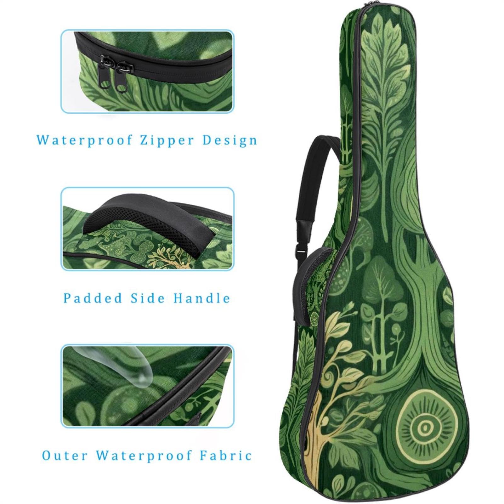 Art Green Wood Print Akustikgitarrentasche mit verstellbarem Schultergurt, Gitarrentasche mit Rückenaufhänger, geeignet für E-Gitarren, Bassgitarren, klassische Gitarren, Ukulele, Künstlicher grüner