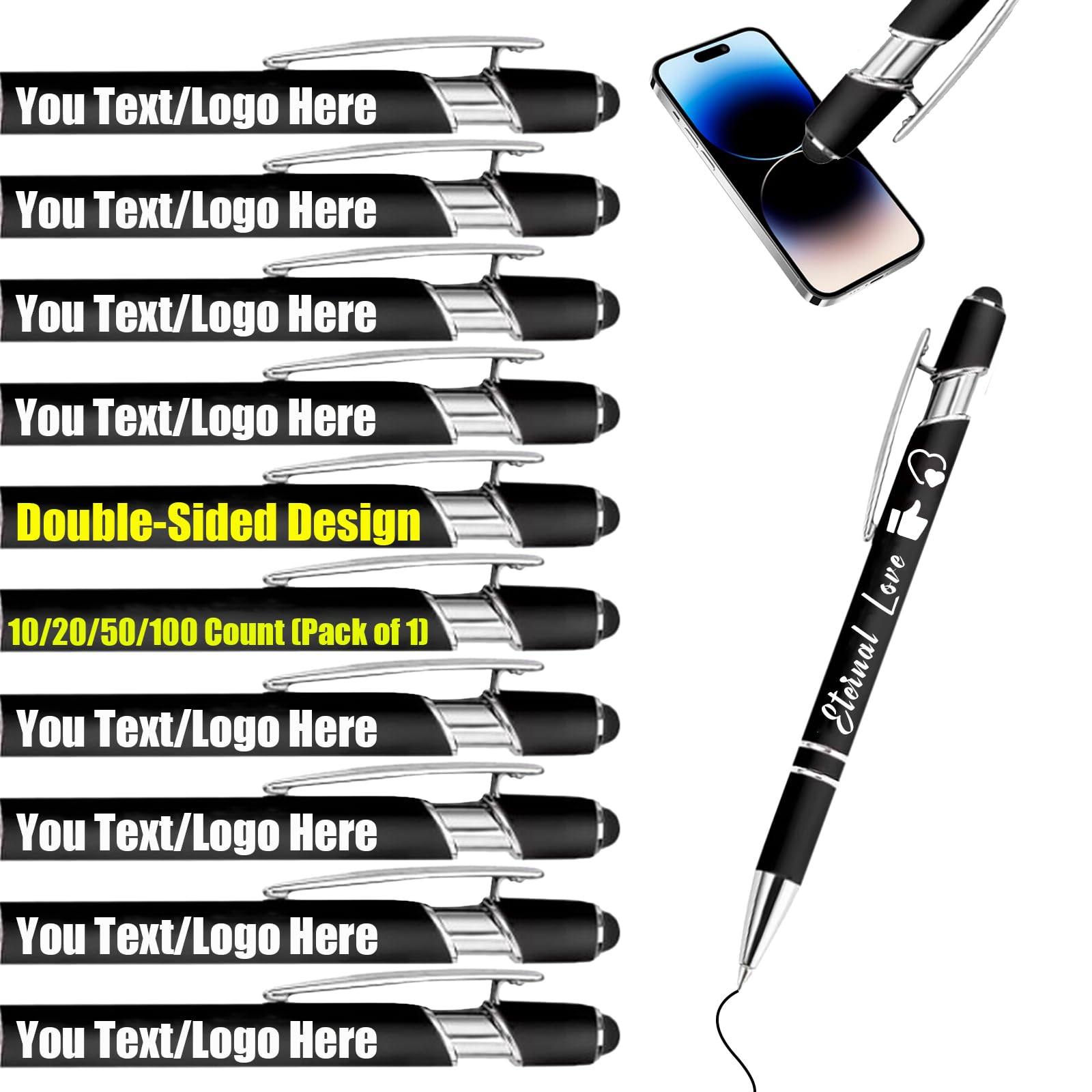 Personalised Gel Ink Rollerball Pens Bulk, Retractable Ballpoint Pens, Customised Laser Engraved Stylus with Name,Text,Logo Metal Ballpoint Pen Gift for Office Business School Black 10 PC โ image 1