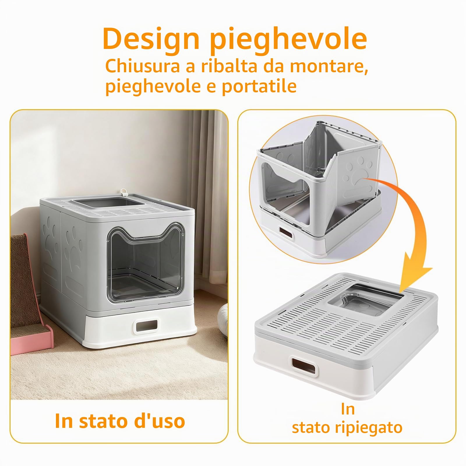 Lettiera XL per gatti con coperchio, lettiera in acciaio inossidabile con vassoio estraibile e paletta, 51 x 41 x 38 cm (Grigio, Classico)