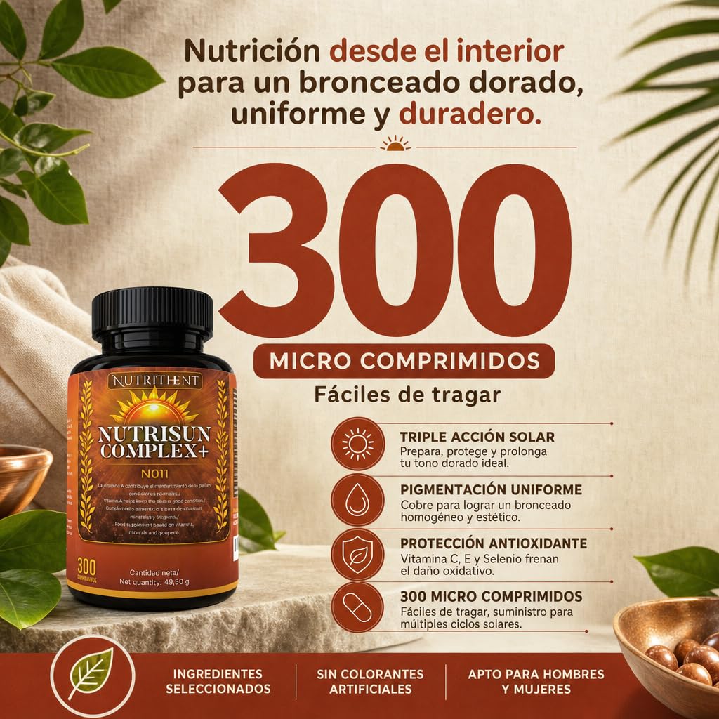 300 Micro Comprimidos Acelerador Bronceado con Betacaroteno, Cobre, Selenio, Licopeno, Extracto Seco de Tomate, Vitamina C,D,E,B | Mantiene y prepara la piel Dorada.