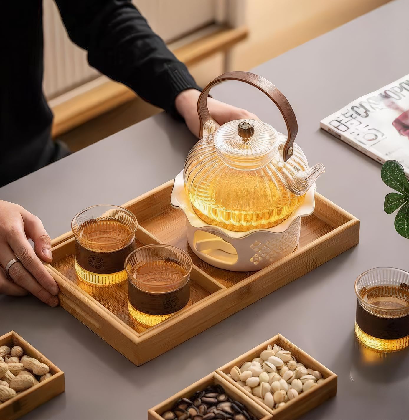 4-Piece 5-Oz Glass Coffee Cups with Wood Rings - for Sake & Coffee - Transparent, Lightweight Accessories (gray)