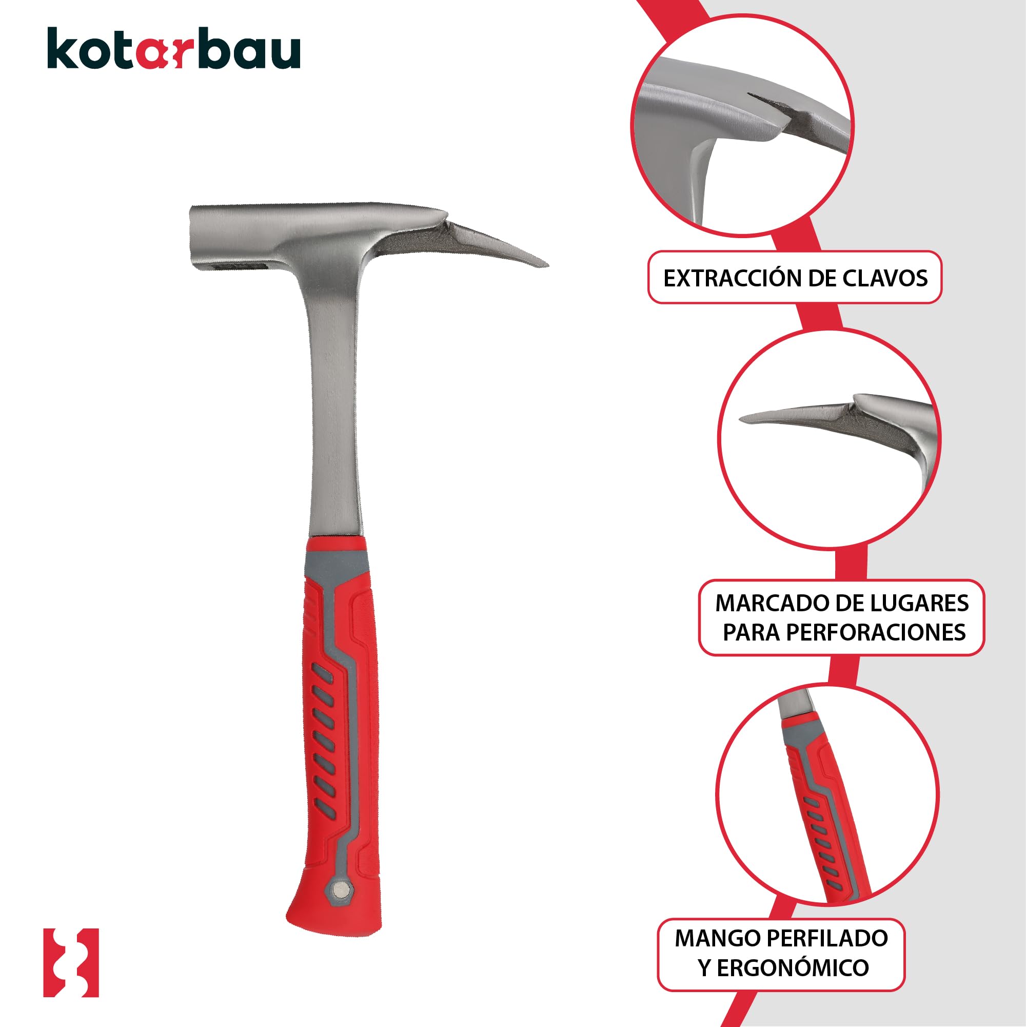 KOTARBAU® Martillo de techado/Martillo de listones 1000g con soporte magnético para clavos, acero forjado, resistente para quitar clavos, amortiguación de vibraciones ergonómica, mango de goma