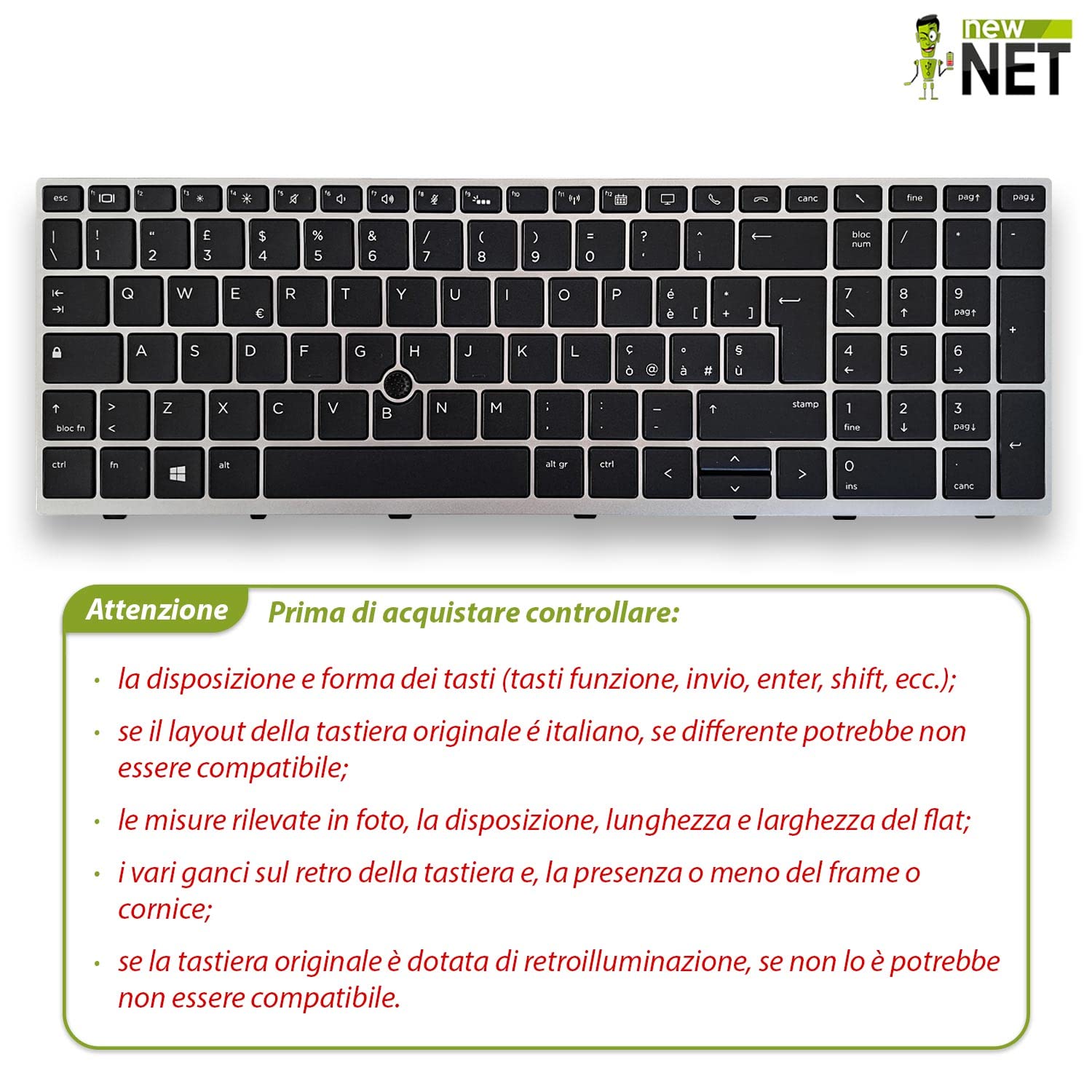 new net - Tastiera Compatibile con Notebook HP L14366-061 L17971-061 L14367-061 [Frame Silver - Trackpoint - Layout ITA]