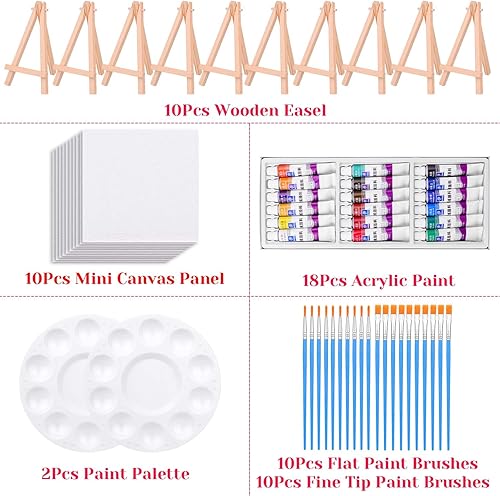 Miniatura 4 de Mini lienzo y caballete, PAXCOO 60 piezas incluye lienzo pequeño de 4 x 4 pulgadas, mini pinceles acrílicos para pintar y sorber suministros de