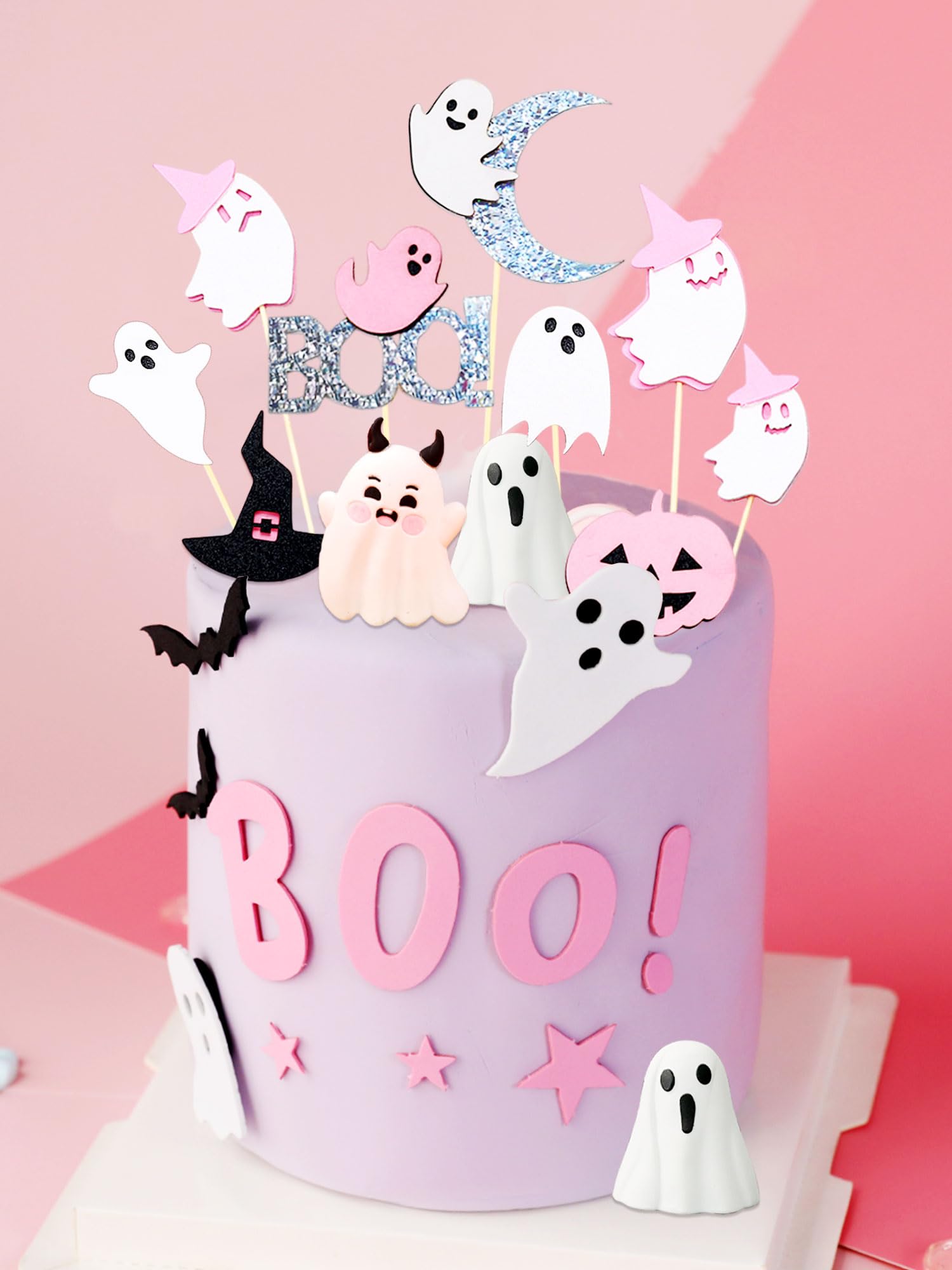 JeVenis Spooky One Cake Topper Pink Halloween Decor Pink Halloween Cupcake Toppers Little Boo Ghost Cake Decoration - Image 4