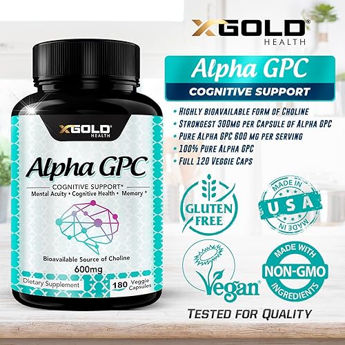 Miniatura 4 de Alpha GPC Suplemento de colina 600 mg, 99%+ altamente purificado, fuente de colina altamente biodisponible, 180 cápsulas vegetales, potenciador