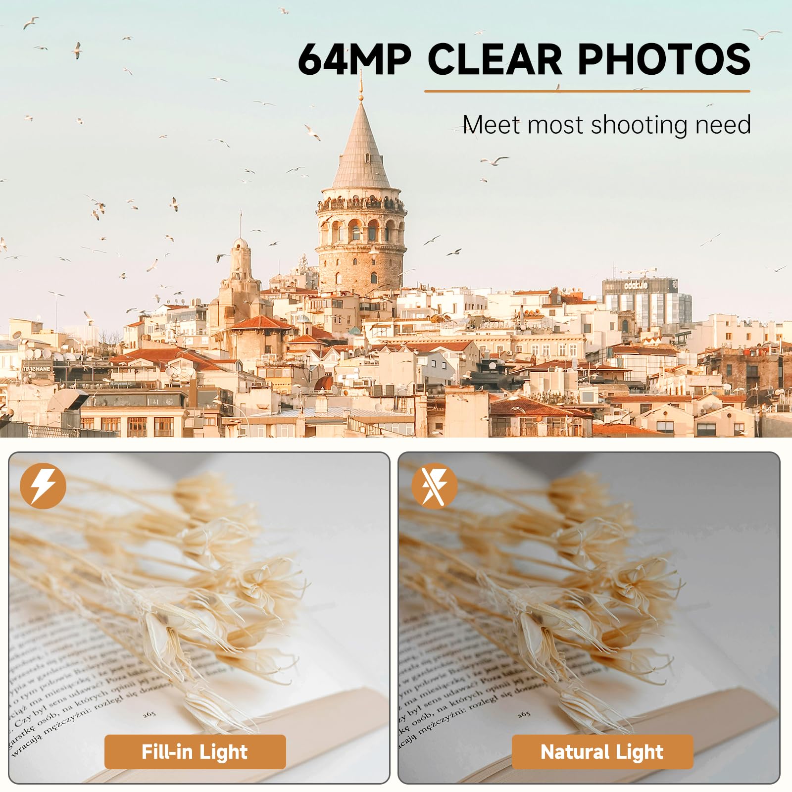 Mini fotocamera digitale 4K 64 MP, piccola fotocamera digitale tascabile retrò nostalgia con luce LED e scheda micro SD da 32 G, adatta per adolescenti, bambini e principianti di fotografia, colore