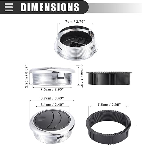 Miniatura 3 de Motoforti Pomo galvanizado universal redondo de salida de aire de CA para salpicadero para autocaravana autobús barco yate caravana 3425in ABS negro