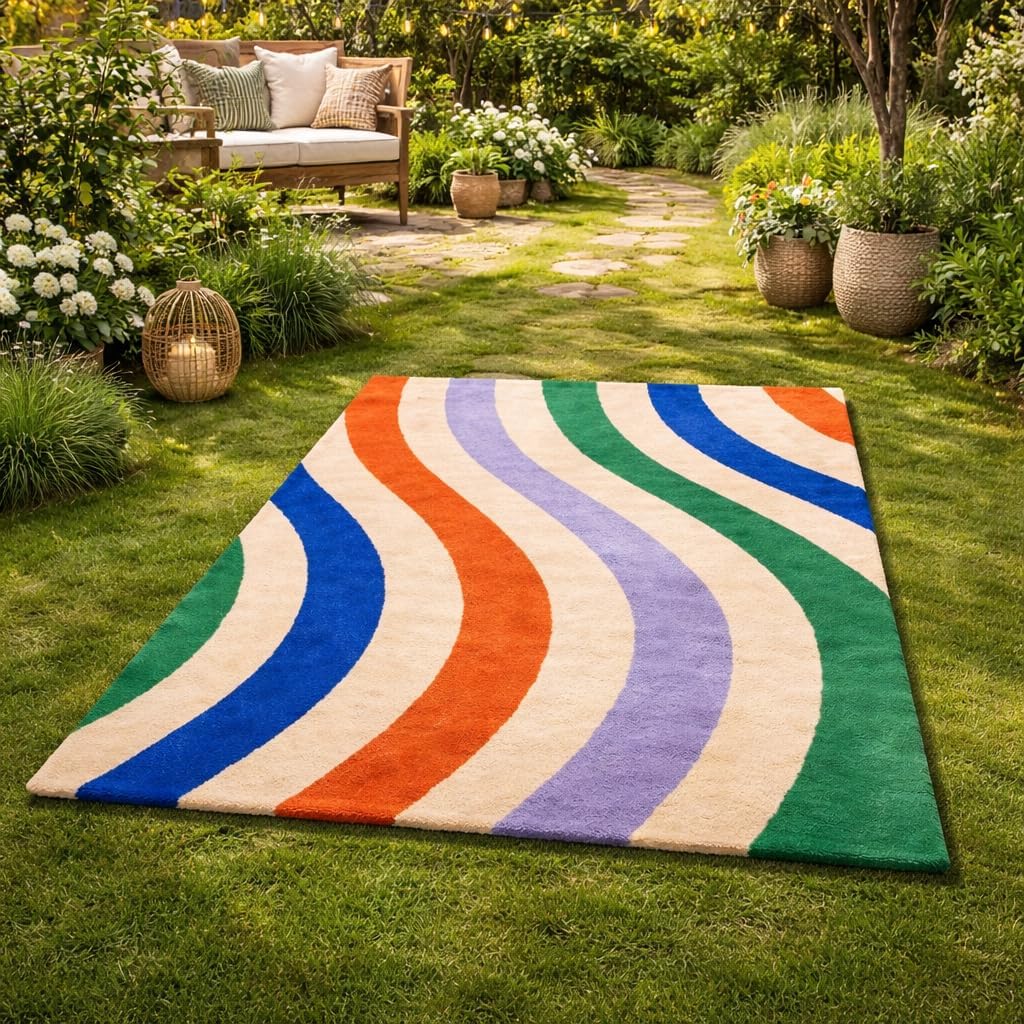 Handmade Wool Area Rug, Hand-Tufted Multicolor Wave Design for Living Room, Bedroom & Dining – 7x10, 6x9, 8x10, 9x12 Sizes