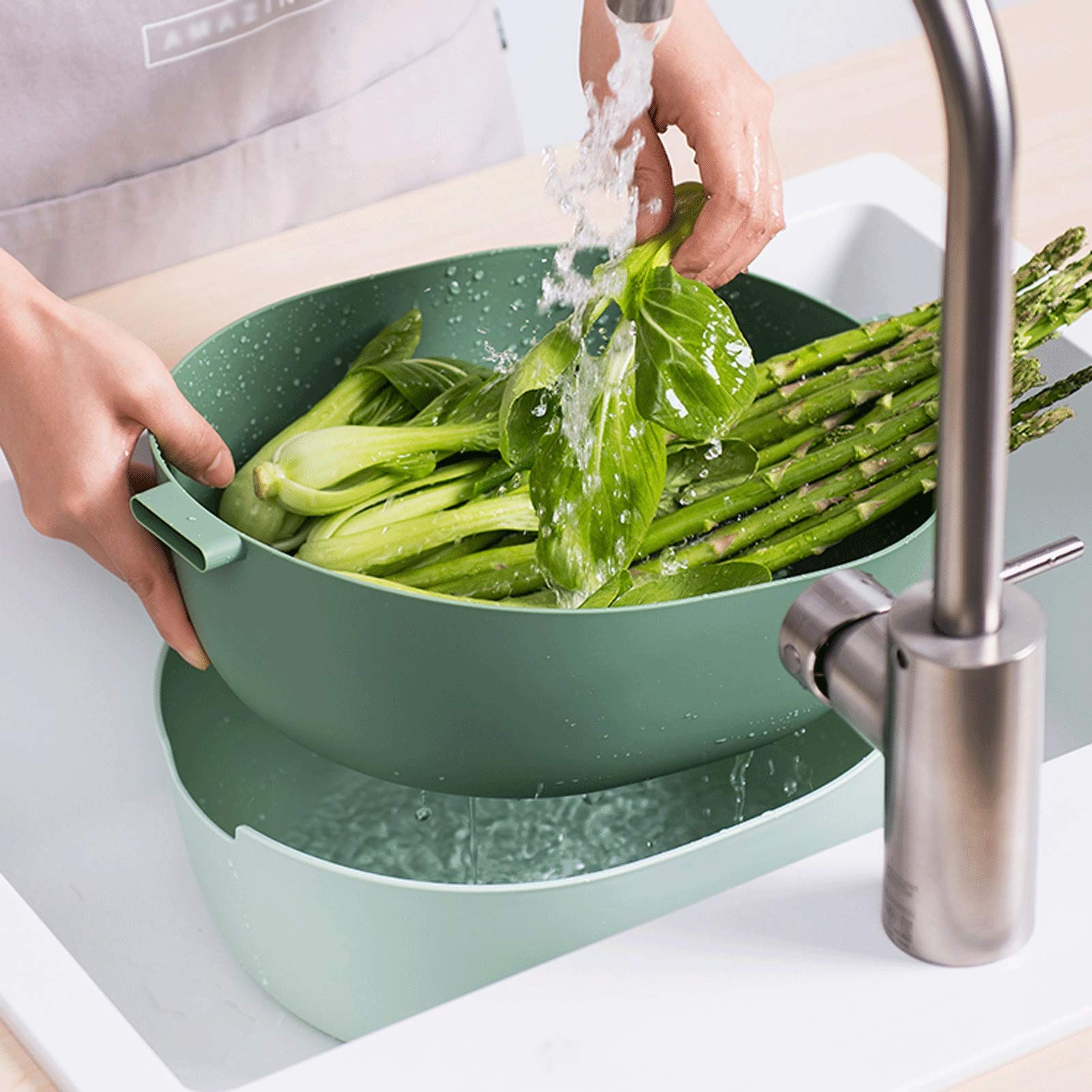 Cesta de colador Cesta de drenaje de plástico con manejo de la canasta de arroz doméstica desmontable de colador/filtro de doble capa 2 en 1 for lavar frutas y verduras Cesta de colador de cocina