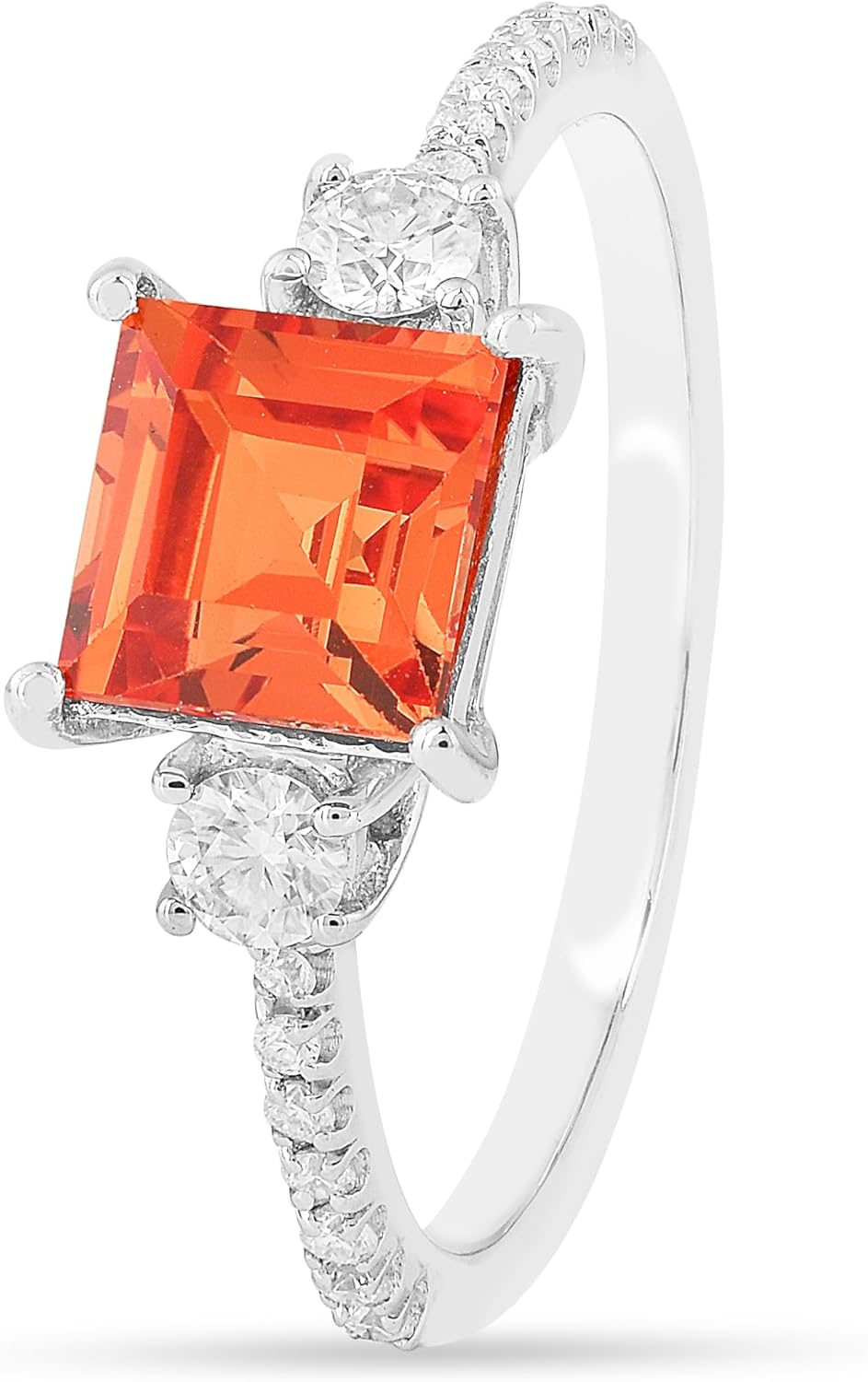 Lab Grown Peach Padparadscha Sapphire Three Stone Sapphire Ring For Women - Peach Sapphire Sterling Silver Three Stone Square Classic Ring For Her
