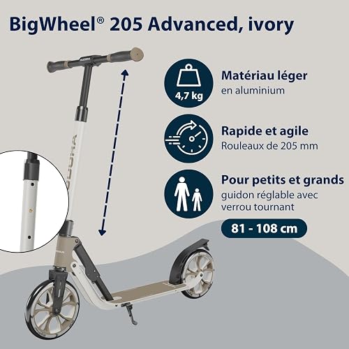 HUDORA BigWheel® 205 Advanced Scooter - ivory - Comfortable aluminium scooter for up to 100kg - Height-adjustable & foldable city scooter - Kick scooter for children/teenagers & adults - 2