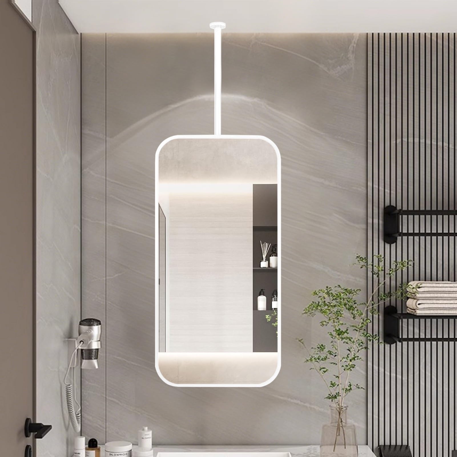 FGXHHS for Wall, White Ceiling Mounted with Metal Hanging Rod, Rounded Corner Rectangle Vanity Decorative Glass - Customizable Boom(50cmx60cm)