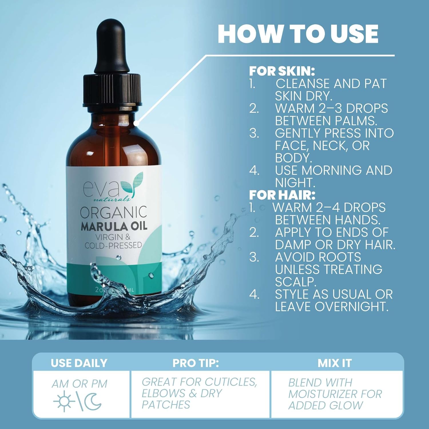 Eva Naturals Marula Oil – 100% Pure Cold Pressed Oil for Face, Hair, Skin & Body – Lightweight Facial & Massage Serum – Moisturizer for Aging Care, Gua Sha & Beard Use - Image 5