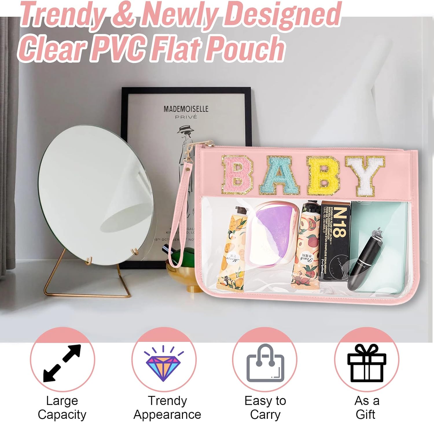 izuzta Chenille Letter Clear Bag Baby Purse Pouch, Monogram PVC & PU Clear Zipper Pouch with Wristlet, Waterproof Portable Glitter Snacks Makeup Beach Pouch Toiletry Bag for Women Girls (BABY-Pink) - Image 6