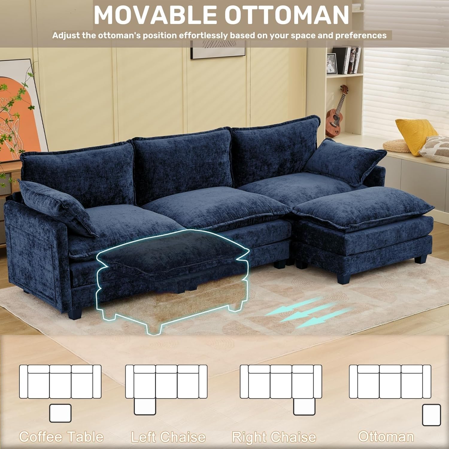 Modular Sectional Sofa, Comfy Cloud Couch with Movable Ottoman, 113" 3-Seat Convertible Couches, Deep Seat L Shaped Modular Sofa for Living Room, Apartment, Blue