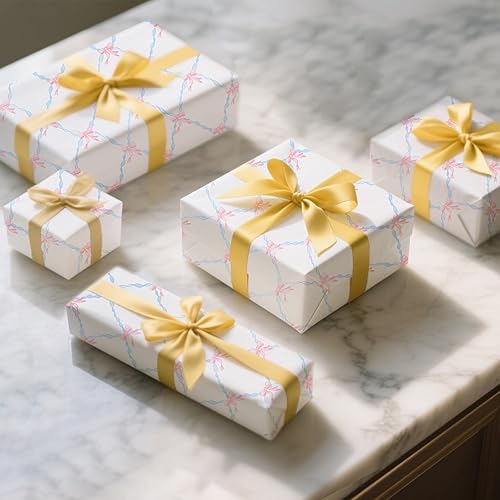Miniatura 5 de 60 hojas de papel de seda para envolver regalos a granel, papel de seda estampado de líneas azules con lazo rosa para bolsas de regalo, papeles