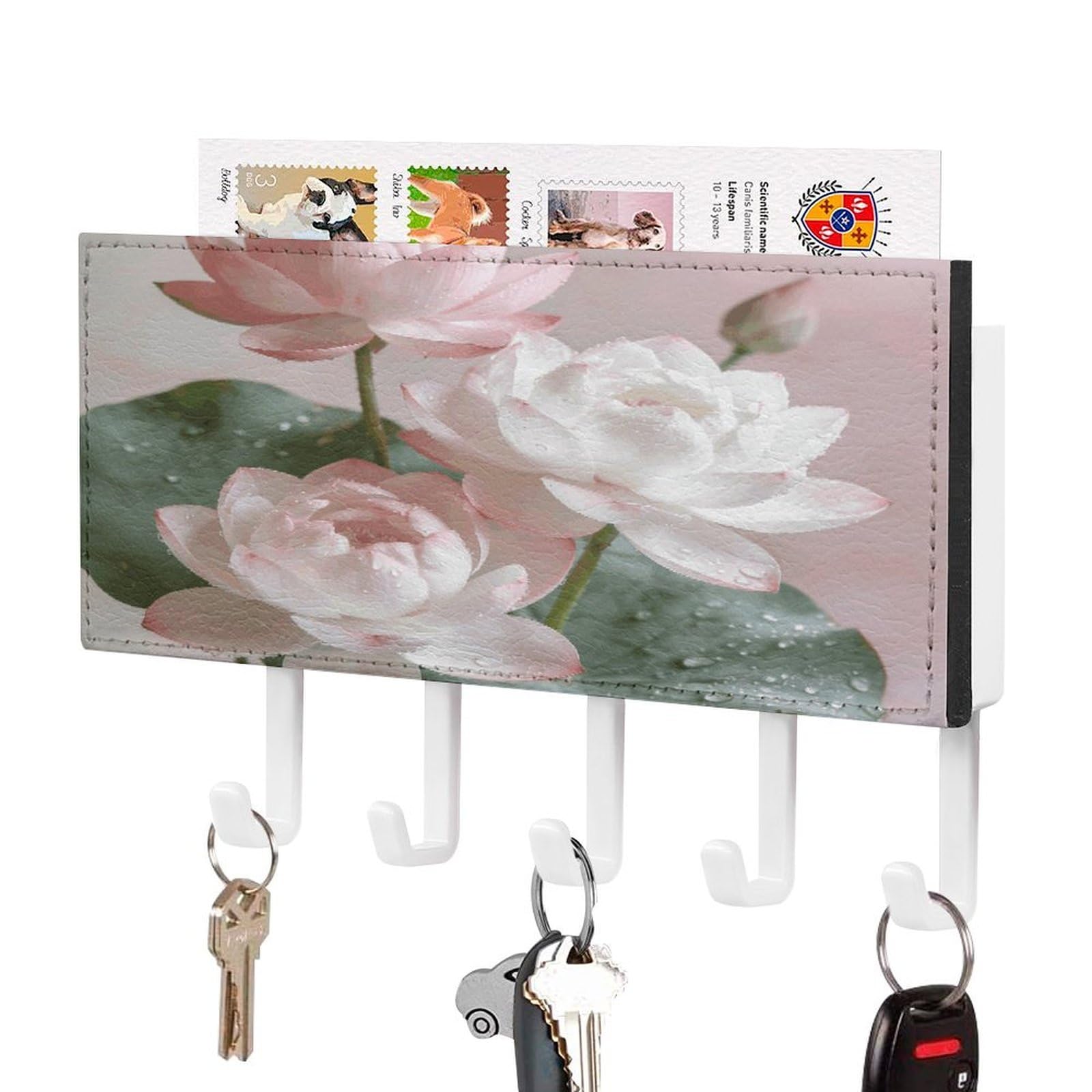 FekiLoot Lotus Floral Key Holder for Wall Decorative Mail Organizer with 5 Key Hook Self Adhesive Key Rack with Tray Coat Rack Wall Mount Key Hanger Decor for Entryway Door