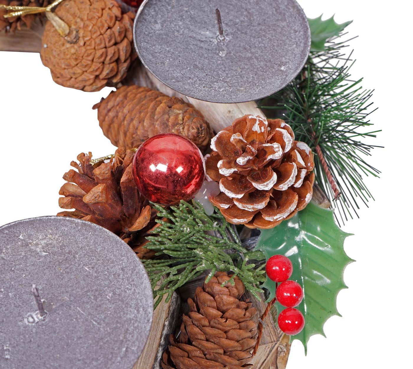 Adventskranz HWC-H49AM, Weihnachtsdeko Adventsgesteck Weihnachtsgesteck, Holz rund Ø 33cm - inkl. 4X Kerzen rot