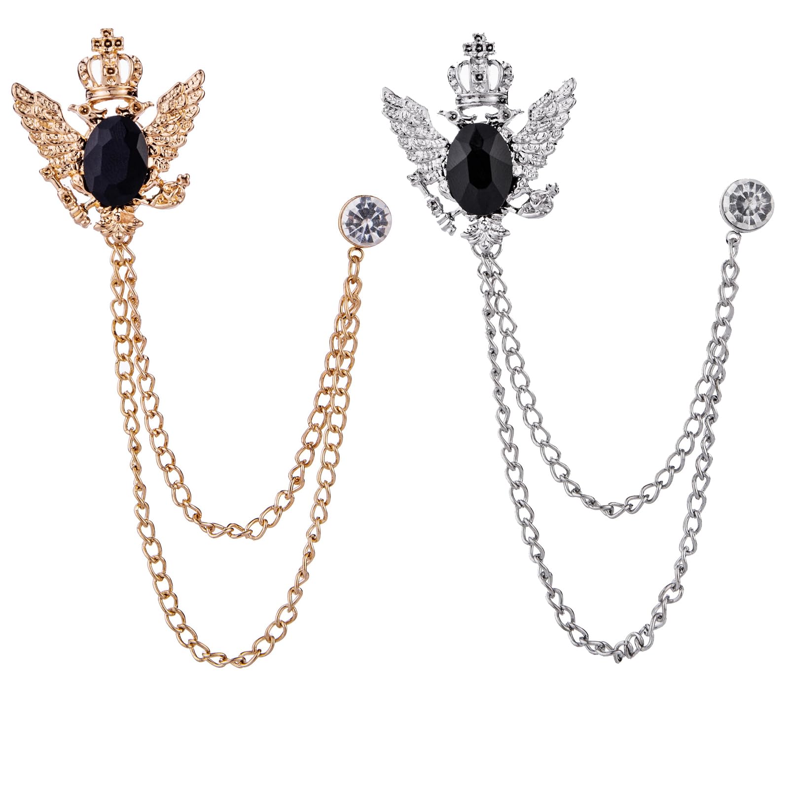 Brooch for Men, Lapel Pin, Brooch Pin, Suit Pins for Men, 2Pcs Alloy Lapel Pins for Suits and Jackets, Fashion Accessories for Formal Events and Casual Wear Suit Accessories, Knighthood Golden Crown with Wing and Black Stone Sunshine Hanging Chain-image-49