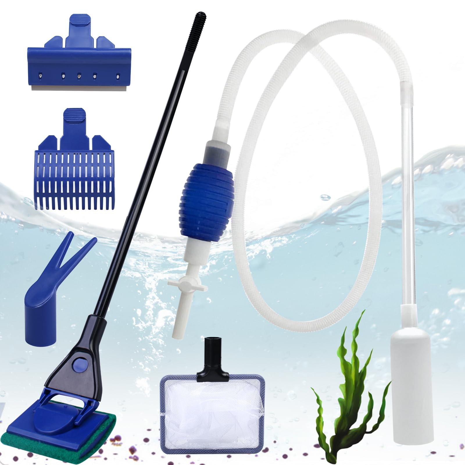 WEGREAT Juego de limpieza de acuario 5 en 1: juego de limpieza para acuario, sifón y 5 herramientas de limpieza extraíbles, accesorios para cambio de agua y limpieza